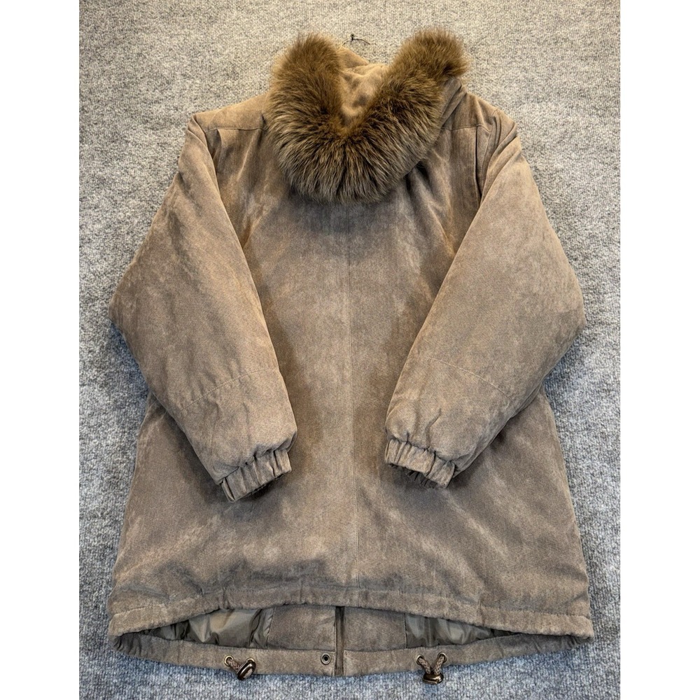 Worthington Brown Faux Suede Coat Women's Size Medium Fur Hood Parka - Picture 6 of 13